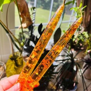 Vintage Lucite Gold Fleck Amber Orange 8" Candles Mid-Century Modern Set of 2